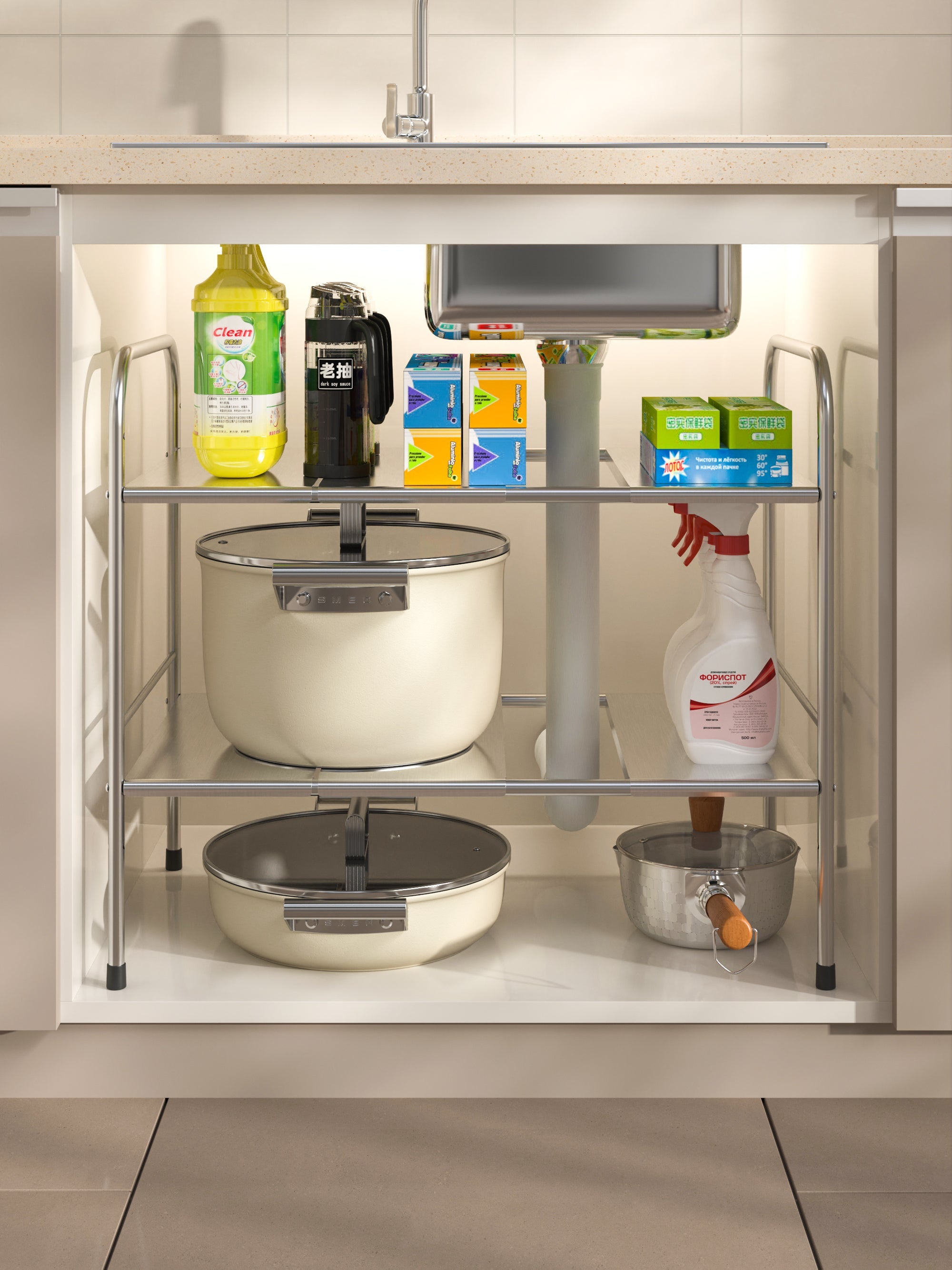 Under Sink 2-Tier Expandable Shelf Organizer Rack /w Screw Pack & Stainless Steel Board